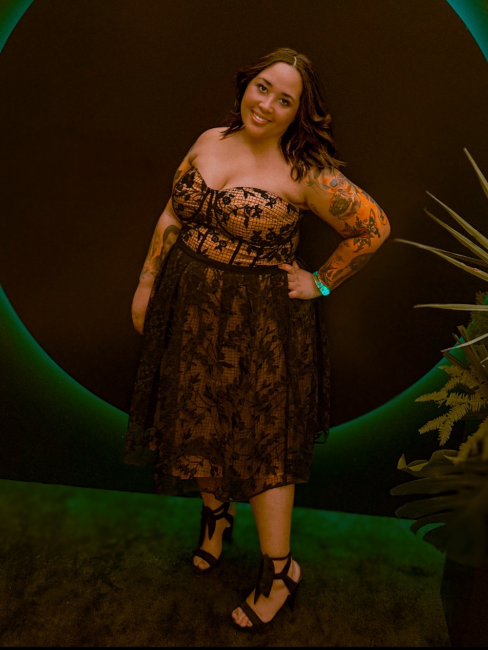 City Chic Black Lace Strapless Dress with Nude Lining